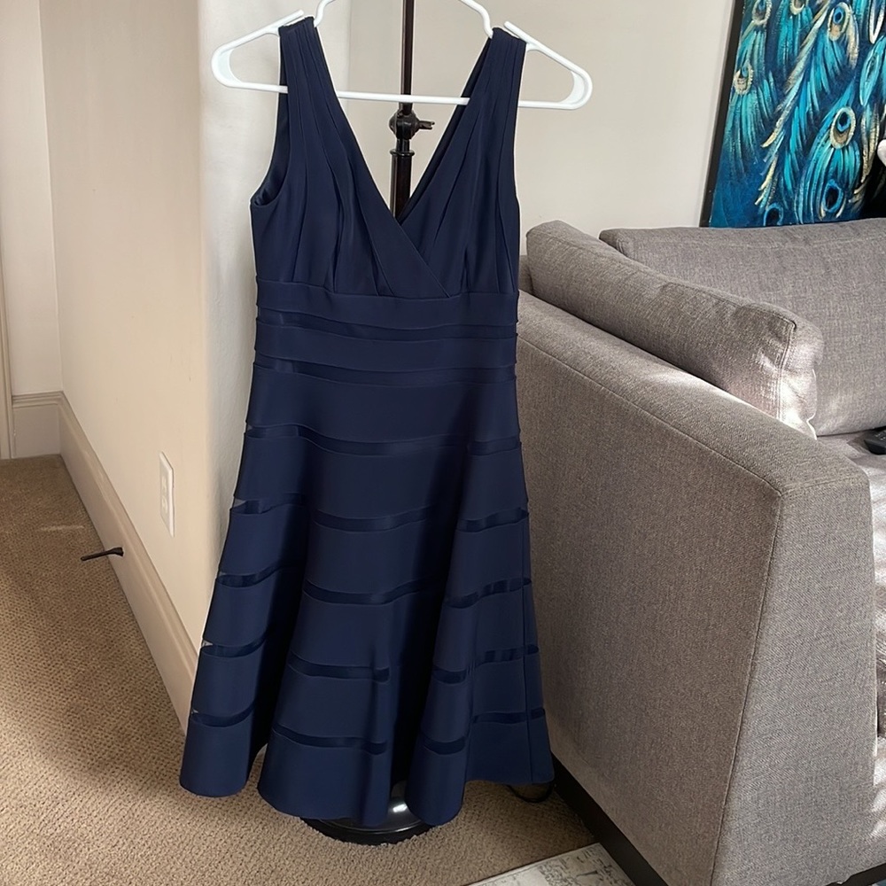 New WHBM Fit & Flare Navy Shadow Stripe Dress - 0